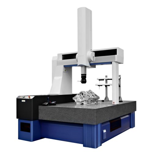 The Coordinate Measuring CMM Machine isolated on a white background.  Repair motor block of cylinders, operator inspection dimension aluminium automotive par in industrial factory.